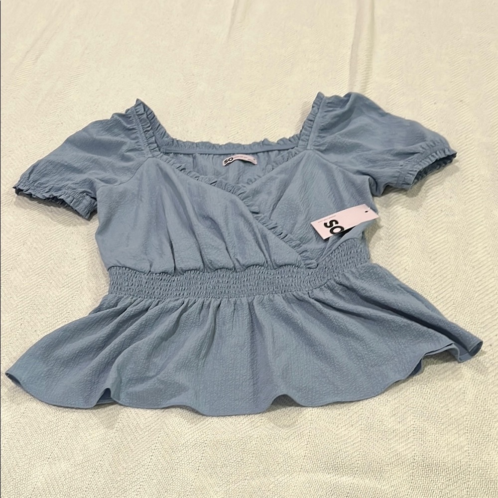 SO Blue Peplum Blouse with Ruffled Scoop Neckline